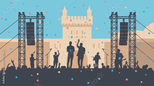 A lively music festival with a band performing on stage in front of a historic castle