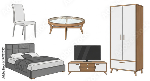 Collection of modern furniture for a home interior.