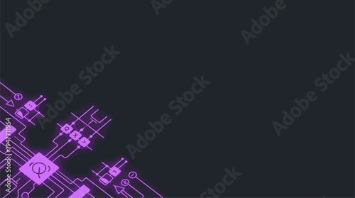 Abstract purple quantum computing circuit diagram on dark background vector illustration