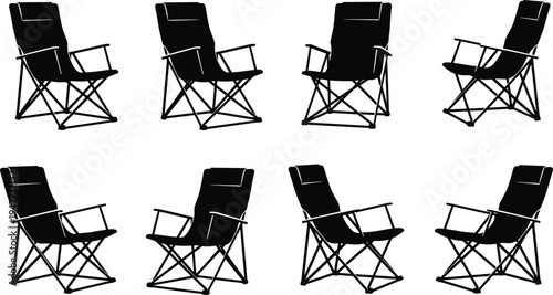 folding camping chair set silhouettes, portable outdoor chair different angles, camping furniture illustration, travel equipment seating