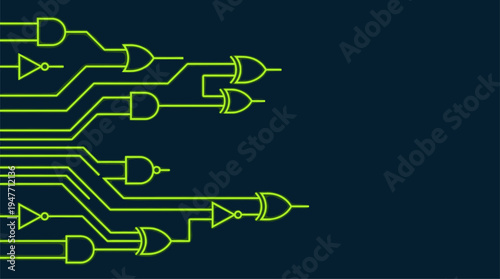 Digital logic gate circuit diagram on dark background vector illustration