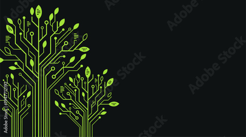 Sustainable green technology circuit tree concept on dark background vector illustration