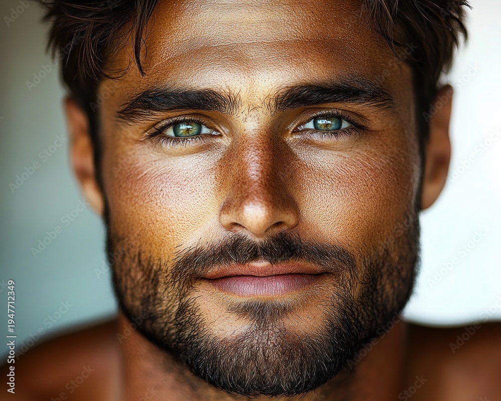 Fototapeta premium Close-up portrait of a young person with tousled dark hair, visible ears and bare shoulders conveying a calm, contemplative mood