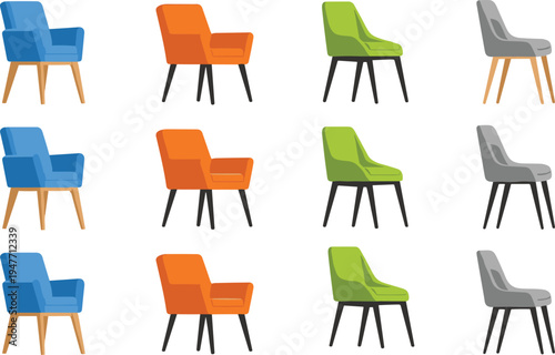 modern chair collection set, colorful furniture design, armchair and dining chair variations, interior decor illustration, stylish seating