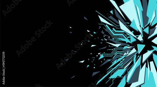 Abstract blue geometric explosion with circuit lines on black background vector illustration