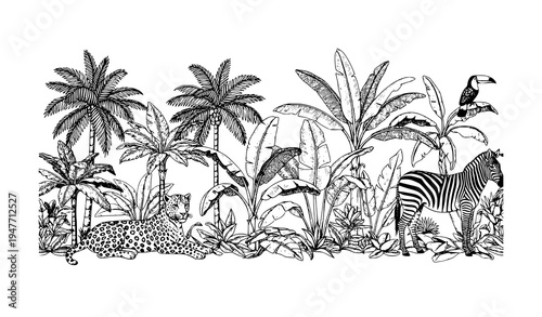 Vintage tropical toile seamless border with palm trees banana plants leopard zebra and toucan vector illustration