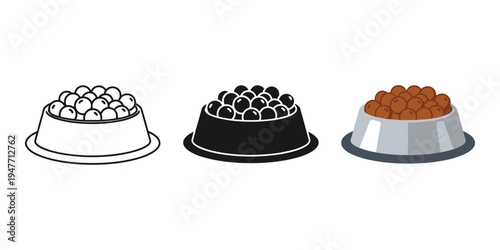 Pet food bowls with different types of kibble