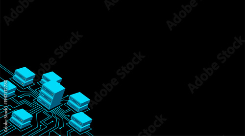 Isometric blue server racks connected by circuit lines on black background vector