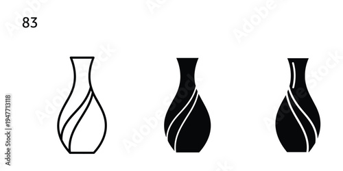 Three black and white vase designs with curved lines on white background