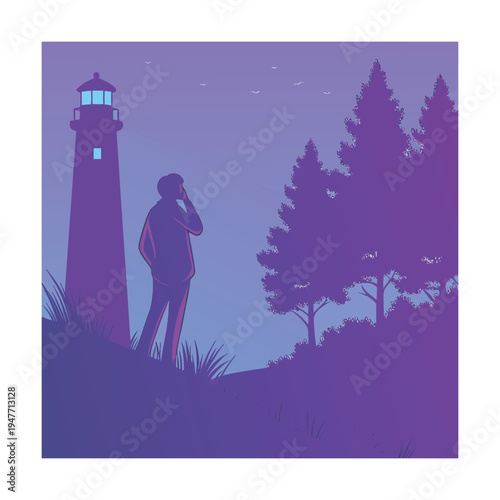 A person stands on a cliff overlooking a distant lighthouse under a purple sky, possibly making a phone call.

