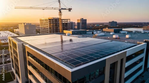 Aerial view of a modern commercial building with solar panels on the roof, a construction crane, and city skyline during sunset.