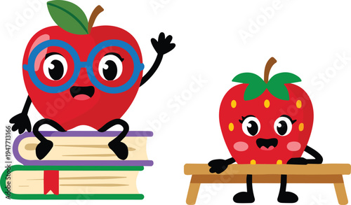 Cute apple and strawberry student characters learning at school cartoon illustration kawaii fruit education mascot kids vector set