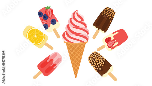 Collection of assorted delicious ice cream popsicles and creamy soft serve cone arranged in circular pattern on white background.