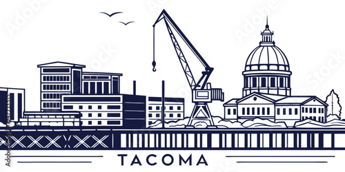 USA, US, U.S, United States - Tacoma skyline with harbor cranes minimalist monochrome architecture panorama