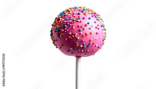 Colorful Pink Cake Pop Covered in Sprinkles on a White Stick with a Transparent Background