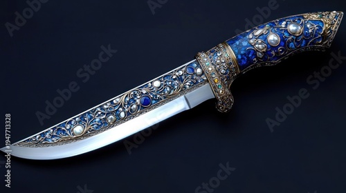 ornate jeweled dagger with blue stone encrusted handle, silver filigree and gleaming polished blade on dark background evoking luxury and elegance