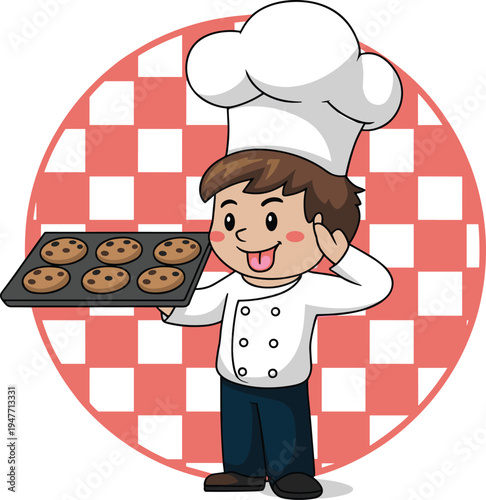 Cute smiling chef boy holding tray of chocolate cookies cartoon illustration happy baker character cooking bakery kids vector