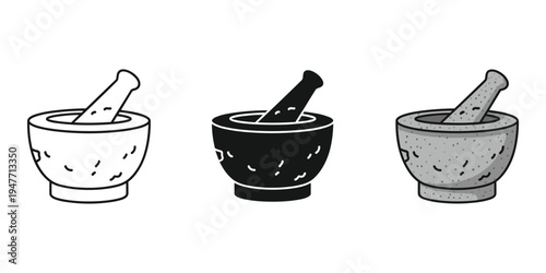 Three mortar and pestle sets in black white and gray on plain background