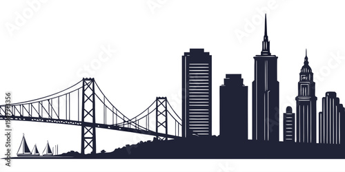 USA, US, U.S, United States - Oakland skyline with bay bridge silhouette minimalist monochrome panorama
