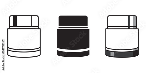 Three cylindrical containers with different lid and base colors