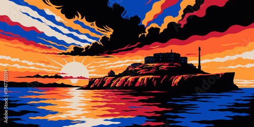 Alcatraz Island Dramatic Sunset Vector Illustration