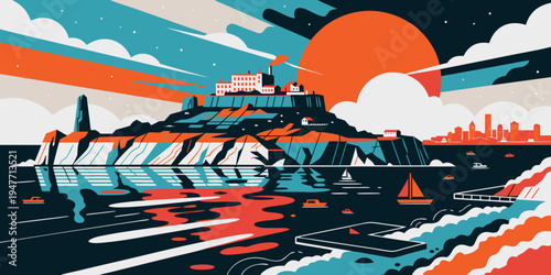 Alcatraz Island Dramatic Sunset Vector Illustration
