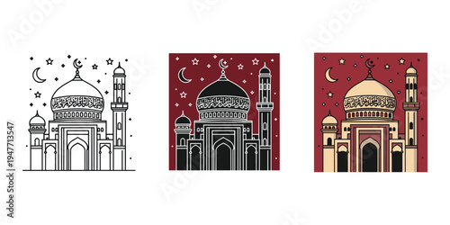 Mosque architecture illustrations with moon and stars at night