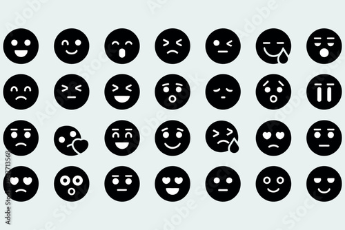 Collection of diverse black and white circular emoji faces displaying various expressions