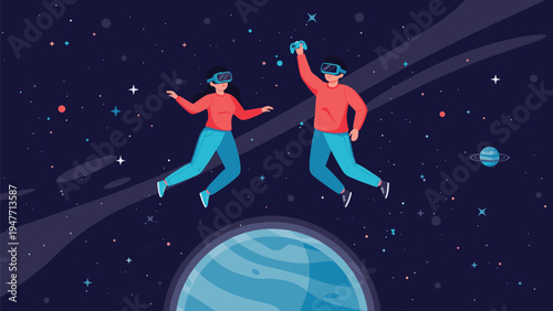 Young couple wearing virtual reality headsets experiences immersive journey while floating in space among stars and planets.