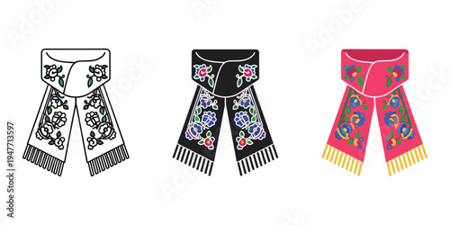 Colorful embroidered scarves with fringe on white background