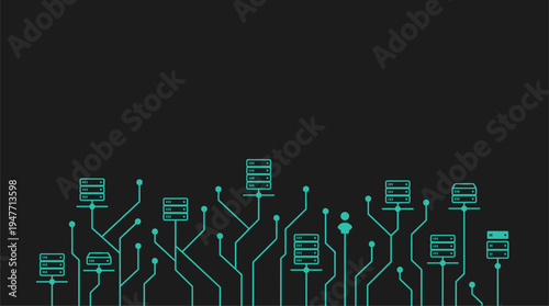 Abstract cloud computing server network with teal circuit lines vector illustration