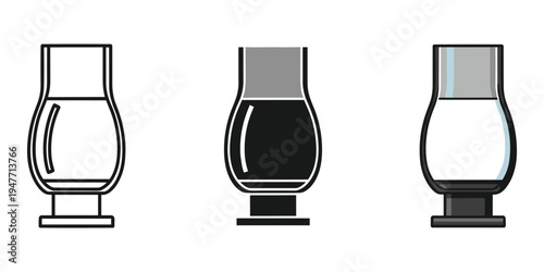 Three glasses with different liquid levels on pedestals