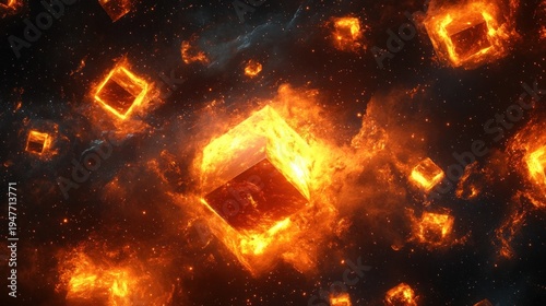 molten glowing cubes drifting through a fiery nebula with stars and embers in deep space, intense otherworldly and ominous atmosphere