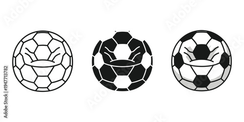 Three stylized soccer balls in black and white patterns