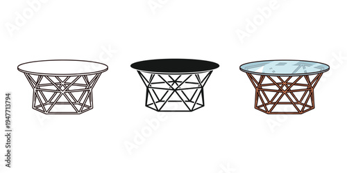 Three geometric coffee tables with different tops