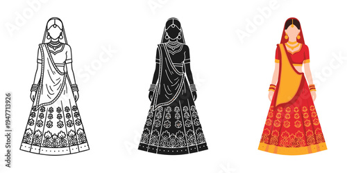 Traditional indian women in sarees colorful and monochrome illustrations