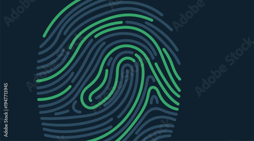 Abstract green and blue biometric fingerprint on dark background vector illustration