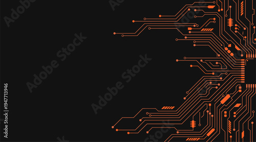 Orange circuit board pattern on dark background technology vector illustration