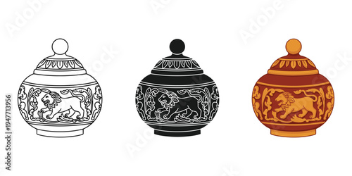 Three ornate incense burners with lion designs in black white and orange