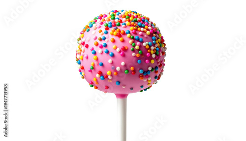 Colorful Pink Lollipop with Sprinkles on White Stick Against a Transparent Background