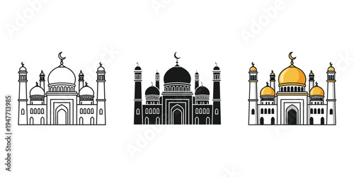 Three mosque buildings in black white and gold colors