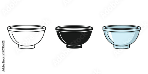 Three bowls in white black and blue on a plain background