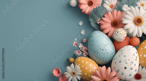 Premium Easter poster with elegant decorated eggs, floral border, bright pastel gradient, ultra detailed festive holiday background
