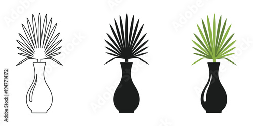 Three vases with palm fronds in black and white and green on white background