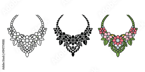 Three floral jewelry necklaces with leaves and flowers