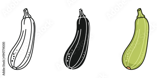 Three colorful eggplants in line art and shaded styles on white background