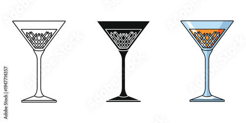 Three martini glasses in different styles and colors
