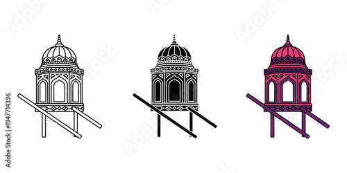 Three architectural domes with scaffolding in black white and red on white background