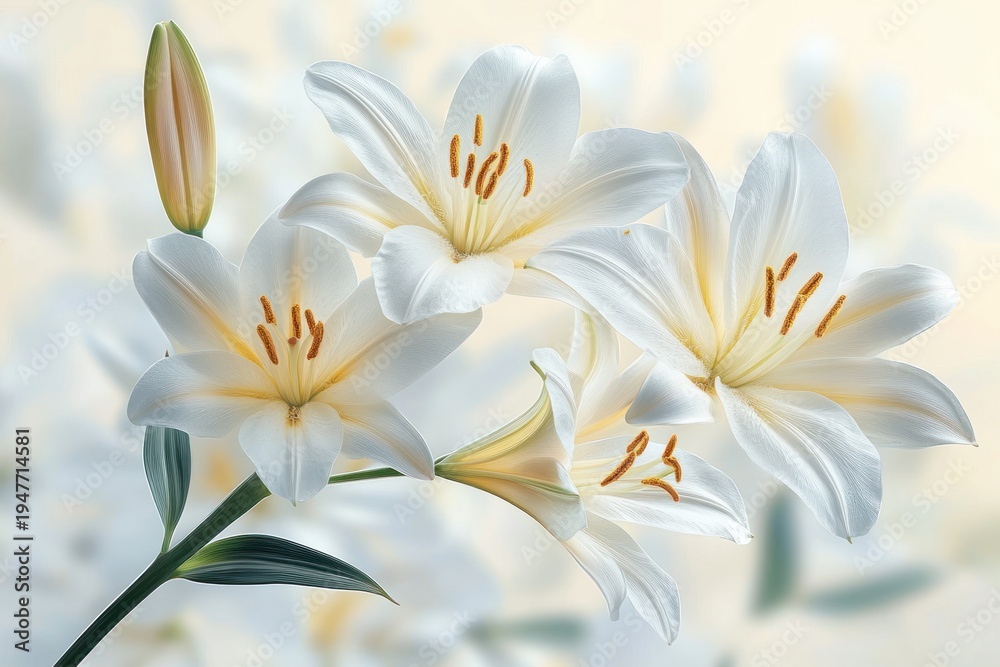 Obraz premium Four white lilies with an unopened bud and green leaves on a soft pastel blurred background, evoking serenity and purity