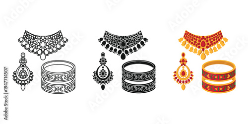 Traditional indian jewelry set with necklaces earrings and bangles